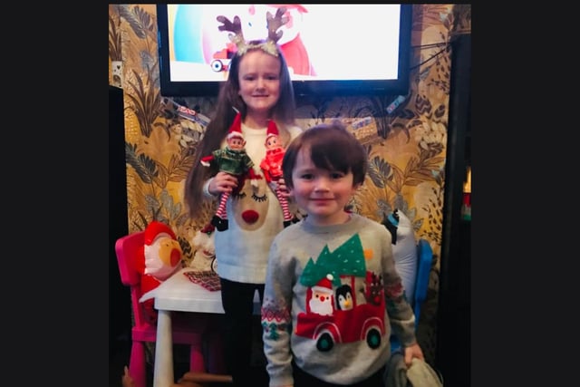 Hallie and Percy are ready for Christmas in these great jumpers (and with their elves).