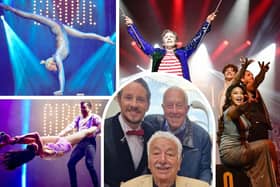 Cirque: The Greatest Show. Pics: Daredevil rollerskaters in action. Contortionist wows the audience with gymnastic skills. Inset: Charlie Cairoli Junior and Norman Barrett - Tower circus legends - in the audience at Blackpool Grand Theatre.