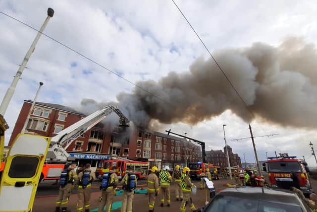 Lancashire Fire and Rescue Service deployed 12 fire engines, two aerial ladder platforms, one stinger appliance and the drone team to the hotel fire in Queen's Promenade, Blackpool