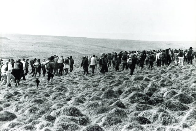 Many pairs of boots took to the moors as participants set off on a mass trespass across Moscar Moor, Sheffield on March 28, 1982