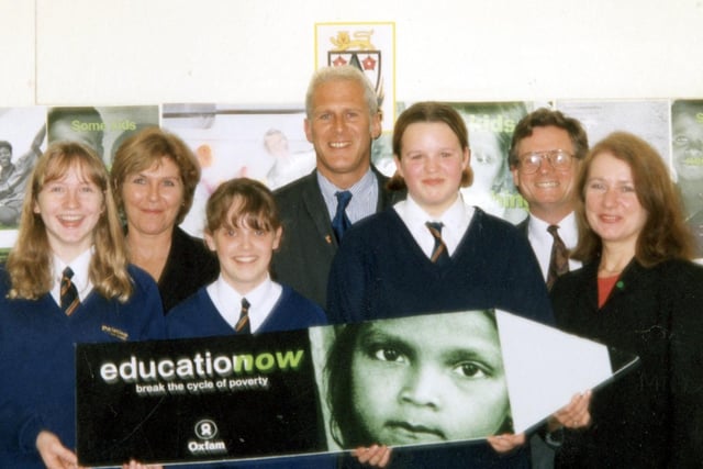 Kids from Palatine High School (pictured from left to right) are Sarah Smith (Year 9), Pam Field (head of PSE), Kirsty White (Year 9), Gordon Marsden (MP Blackpool South), Charlotte Duffy (Year 9), John McNaughton (headmaster) and Joan Humble  (MP Blackpool North and Fleetwood) launching the Oxfam Education Now scheme at the school