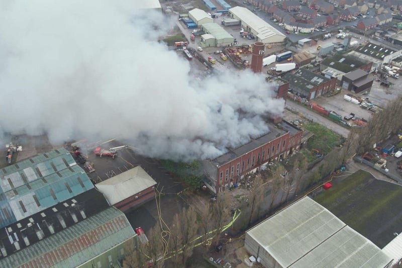 A dramatic picture from the drone of plumes of smoke from the fire.