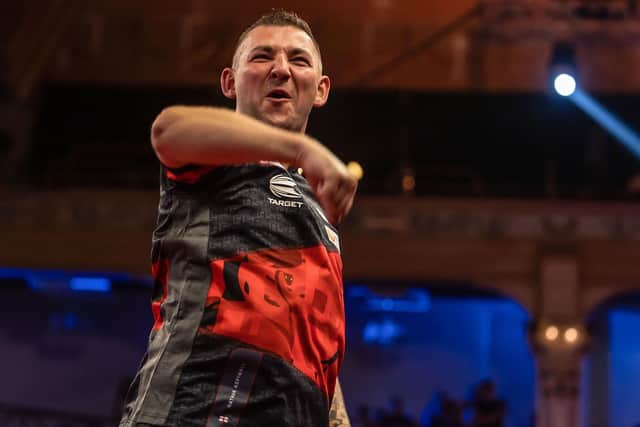 Nathan Aspinall booked his place in tonight's Betfred World Matchplay final with victory against Joe Cullen in Blackpool Picture: Taylor Lanning/PDC