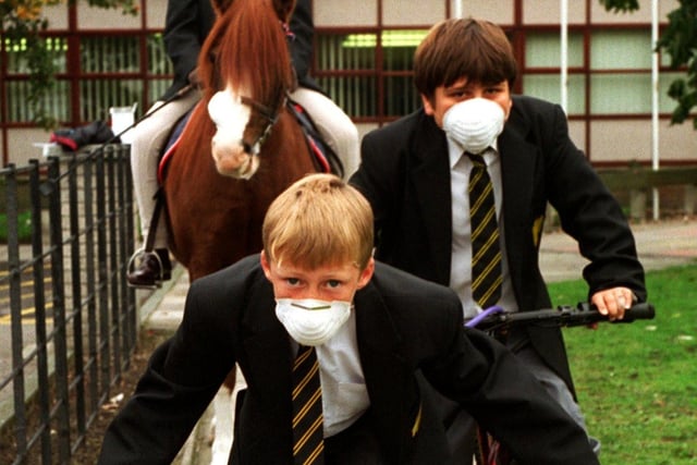 Arriving at Lytham St Annes High School on horseback, cycle and roller blades were (front to back) Kenneth Gibson 11, Imran Khan 11, Anna Gardner 11 complete with pollution masks in 1996