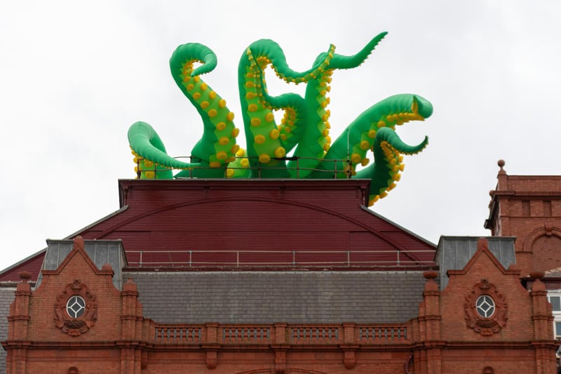 A giant inflatable octopus billows in the winds from Storm Babet.