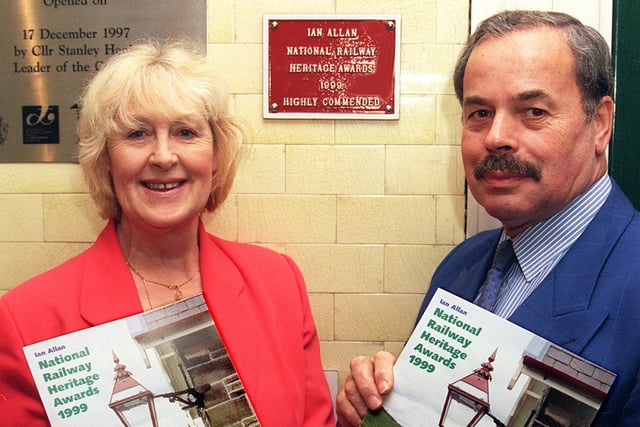Chairman of Morecambe Tourism Committee coun June Ashworth, and chairman of Arts and Events coun Mort Allen, in the old railway station at Morecambe, where the Ian Allen National Railway Heritage Awards 1999 plaque was unveiled