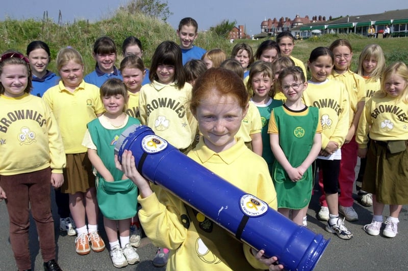 Fylde South Division Brownies and Guides with a time capsule they carried along St Annes promenade to new Guide HQ in Poulton, 2000