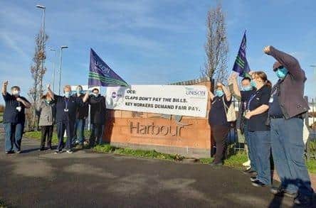 Domestic and catering workers employed by OCS at The Harbour, Blackpool are taking strike action