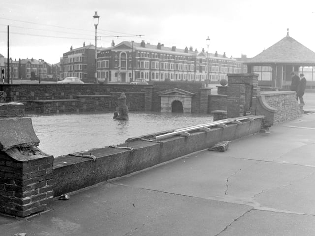 The sunken gardens on South Shore Promenade were damaged when gale force winds and high seas breached the sea wall in January 1958