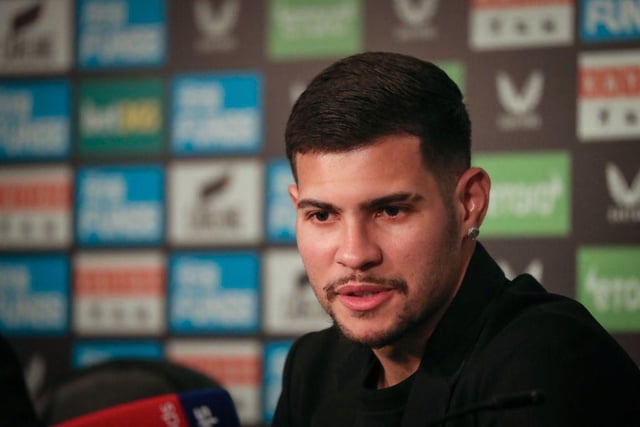 Newcastle United's Brazilian midfielder Bruno Guimaraes delivers a speech during a press conference in Newcastle, on February 7, 2022 as he is presented to the media after newly signing in the club. (Photo by SCOTT HEPPELL / AFP) (Photo by SCOTT HEPPELL/AFP via Getty Images)