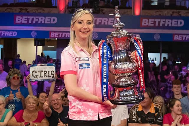 Fallon Sherrock celebrates winning the Women's World Matchplay final at the Winter Gardens Picture: Taylor Lanning/PDC