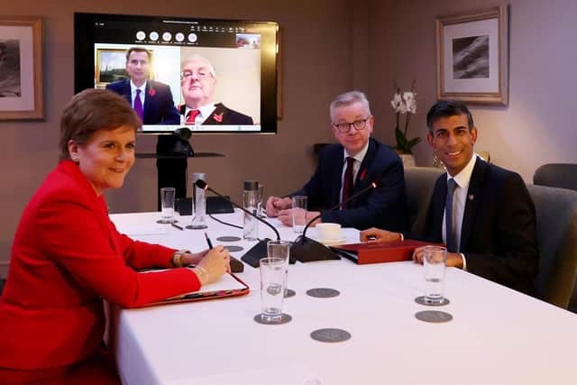 (L - R) First Minister Nicola Sturgeon, Chancellor of the Exchequer Jeremy Hunt (on screen), First Minister of Wales Mark Drakeford (on screen), Cabinet minister Michael Gove and Prime Minister Rishi Sunak pose for a photograph in Blackpool. Picture: Cameron Smith - Pool/Getty Images