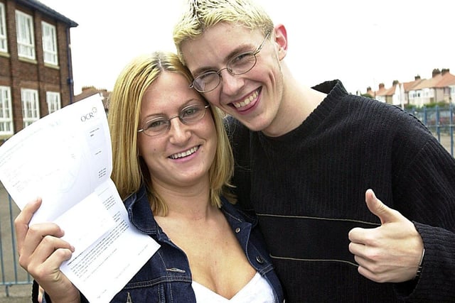 Sarah Bainbridge and Phillip Wylie celebrate exam success at Fleetwood High School, 2001