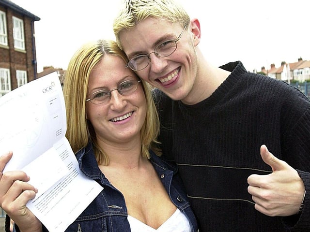 Sarah Bainbridge and Phillip Wylie celebrate exam success at Fleetwood High School, 2001