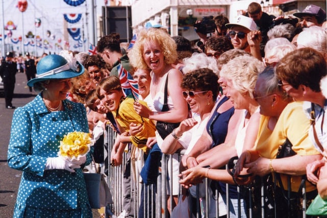 The warmest of welcomes in 1994 as Blackpool people greet The Queen during a walkbout outside Blackpool Tower