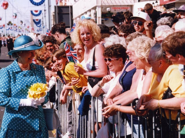 The warmest of welcomes in 1994 as Blackpool people greet The Queen during a walkbout outside Blackpool Tower