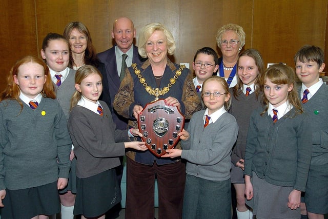 Blackpool Civic Trust Awards at Blackpool Town Hall, presented by the Mayor of Blackpool Councillor Maxine Callow. St Bernadettes Catholic Primary School receive the junior environmental award for recycling. From left, Nicole Burke, Coral Bawden, Olivia Dowling, Lauren Brown (front), Peter Silcock, The Mayor, Matthew Jones, Abigail Short (front), Elaine Smith, Rebekah Thompson, Lauren Wilson and Conaill MacCormac