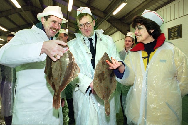 Members of the National Fisheries Network, who met for the first time in Fleetwood are pictured during their visit to the auction hall in 1998. From left, John Traynor (chairman, Wyre Economic Development sub committee), Councillor Paul Johnston (chairman - National Fisheries Network, Aberdeenshire Council) and National Fisheries Network co-ordinator Anne Bell