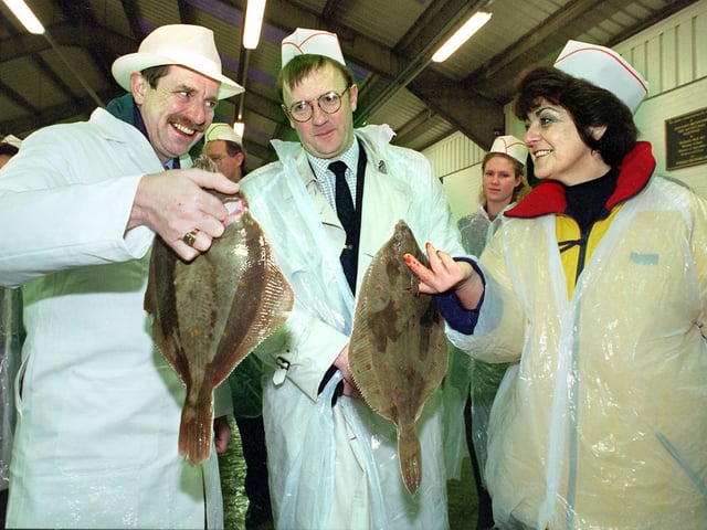 Members of the National Fisheries Network, who met for the first time in Fleetwood are pictured during their visit to the auction hall in 1998. From left, John Traynor (chairman, Wyre Economic Development sub committee), Councillor Paul Johnston (chairman - National Fisheries Network, Aberdeenshire Council) and National Fisheries Network co-ordinator Anne Bell