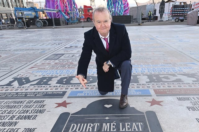 Ian Hislop (BBC’s Have I Got News For You team captain) and editor of Private Eye) at a representation of Spike Milligan’s iconic gravestone, on Blackpool's Comedy Carpet.