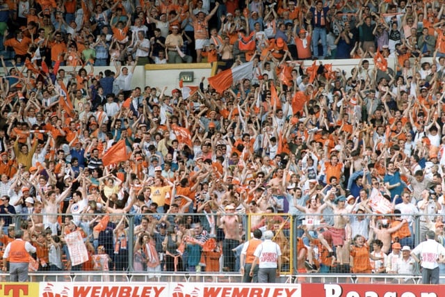 Blackpool fans celebrate their victory on penalties in the 1992 Fourth Division Play-off final against Scunthorpe