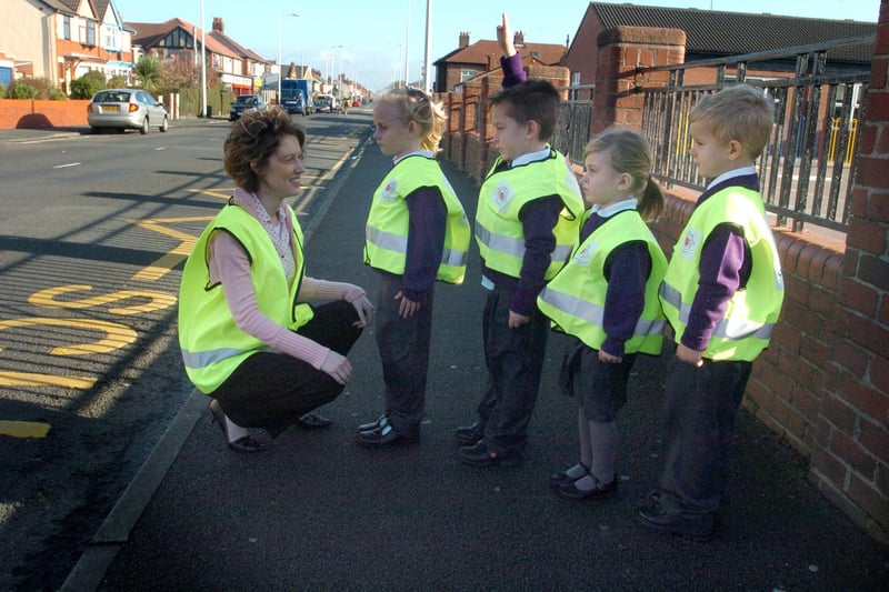 Teacher Laura Phillips with pupils (L-R) Elle Savage, Oliver Hartley, Molly Schofield and Alfie Ellis outside St Wulstan's School in Fleetwood. The pupils were learning road safety tips.