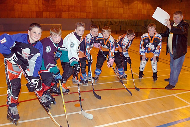 Blackpool Raiders Roller Hockey team manager John Boswell acts as starter for the club's sponsored skate at Thornton Sports Centre. From left: Mike Donoghue, Joe Willman, Matthew Tong, Tom Gallagher, David Blyth, Joshua Longton, and Harrison Boon