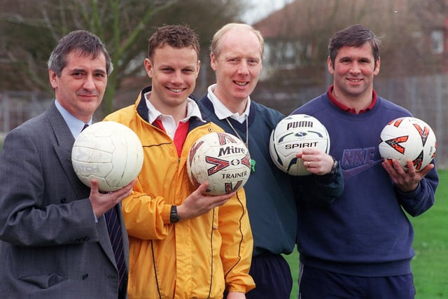 Beacon Hill teachers who were all FA coaches - Headteacher Mike Wilmore, Jim Dickson, Russell Smallwood and Dave Barnes, 2000