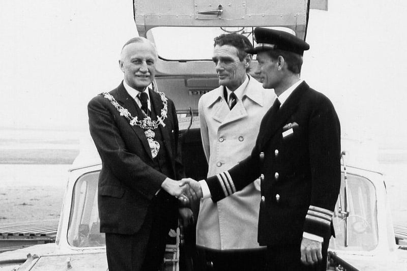 The first Blackpool to Southport Hovercraft in 1973. Mayor of Lytham John Gouldborn and  Deputy Mayor Harry Cartmell meet the captain of the hovercraft on a stop-off in St Annes