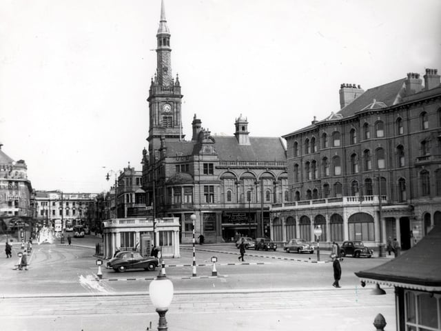 A tram trundles down Clifton Street towards Talbot Square. The fine shelter was still intact, along with the Town Hall spire which was removed in 1966 and the Clifton Hotel is seen on the right