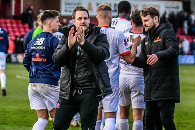 James Rowe celebrates Fylde's victory in his first match in charge at Kidderminster Picture: STEVE MCLELLAN