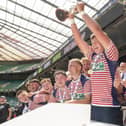 Lancashire lift the trophy after winning the Jason Leonard U20 County Final at Twickenham Photo: Adam Scott