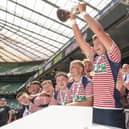 Lancashire lift the trophy after winning the Jason Leonard U20 County Final at Twickenham Photo: Adam Scott