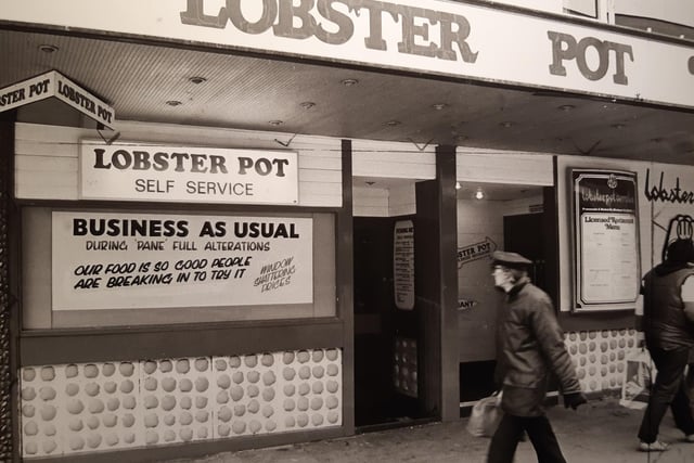 Lobster Pot in Market Street, 1981. This was taken when a window had been broken - check the witty sign