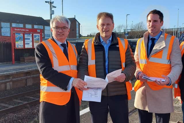 MPs Mark Menzies (left) and Scott Benton (right) with Transport Secretary Grant Shapps at Squires Gate station