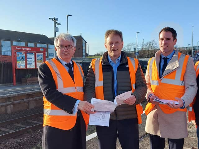 MPs Mark Menzies (left) and Scott Benton (right) with Transport Secretary Grant Shapps at Squires Gate station