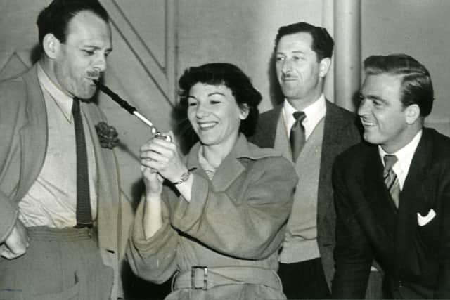 Rehearsals for Alfred Black's show Happy Holiday at the Winter Gardens Blackpool in 1954.
Stella Moray is pictured with Terry Thomas (left),  Alfred Black and David Whitfield