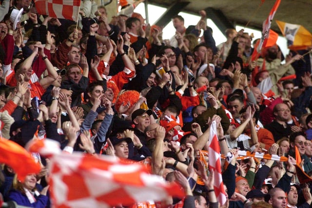Blackpool fans celebrate their team's first goal against Cambridge in the LDV Vans Trophy Final at the Millennium Stadium, Cardiff Sunday 24th March 2002