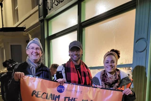 Blackpool North and Cleveleys MP Paul Maynard with two of the protesters on the march.