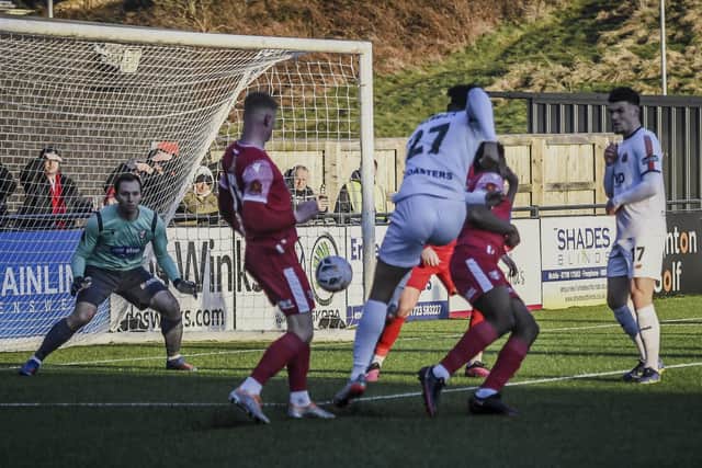 Emeka Obi scores for Fylde at Scarborough Athletic on Saturday  Picture: STEVE MCLELLAN