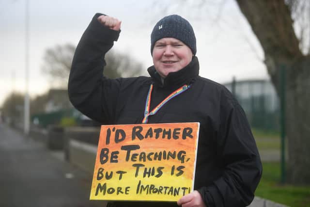 Fylde Coast teachers join the National Education Union strike. teachers and supporters at South Shore Academy. David Craggs.