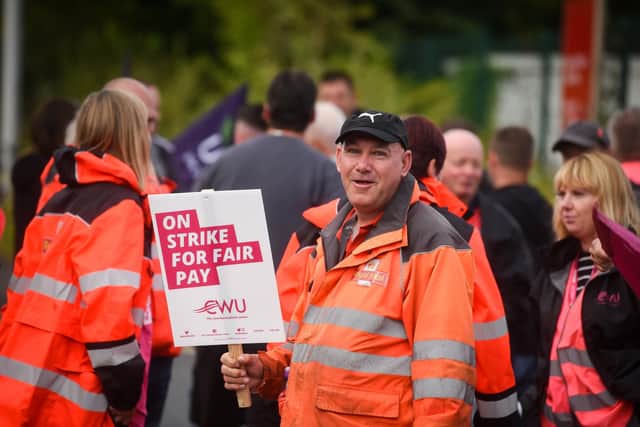 Postal workers on strike outside the Royal Mail delivery office in Bispham. Staff plan to walk out on Wednesday August 31 and on September 8 and 9