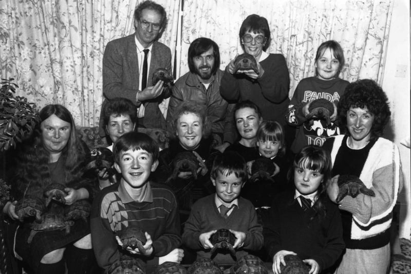 1989 members of the Blackpool and Fylde Tortoise Society. Among those in the picture are Kevin Newton,  Margaret Anderton and Eileen Dobson