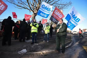 Ambulance workers on strike at the Devonshire Road temporary station