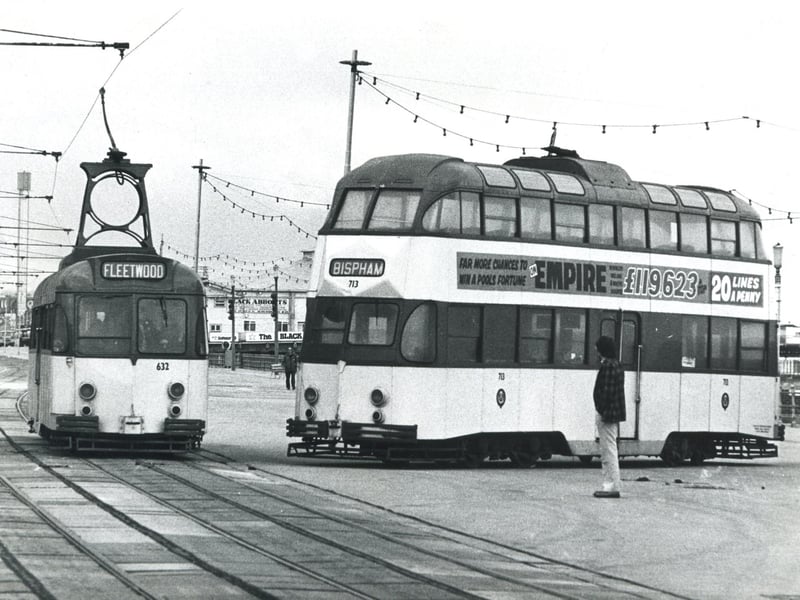 A double decker tram derailed on Blackpool Promenade near South Pier in the 1970s