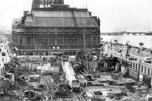 Old-look Blackpool began to give way to a new image when the Palace Theatre complex was demolished early in 1962. The new Lewis's store opened in April, 1964. This shows the building of the foundations and underground storage areas