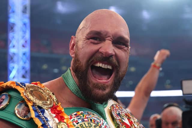 LONDON, ENGLAND - APRIL 23: Tyson Fury celebrates victory after the WBC World Heavyweight Title Fight between Tyson Fury and Dillian Whyte at Wembley Stadium on April 23, 2022 in London, England. (Photo by Julian Finney/Getty Images)