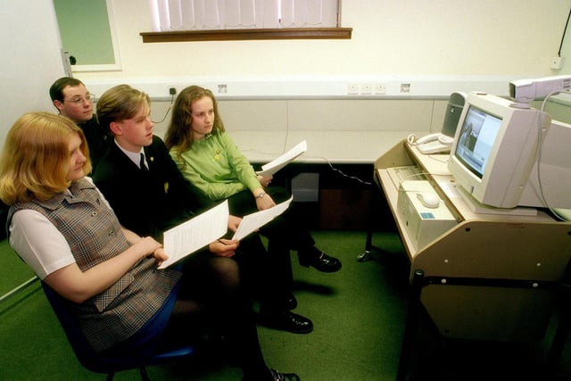 Students at Lytham St Annes High School were after first-hand answers to Election questions, by setting up an electronic link to Fylde MP and Treasury Minister Michael Jack in 1997. Pic L-R: Suzanne Cunliffe, James Ford, James North and Louise Crook