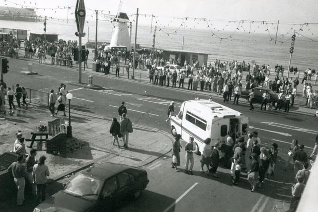 Birmingham City fans went on the rampage in Blackpool in 1989 ahead of a match in October. Police and ambulances at the scene on the Promenade at South Shore