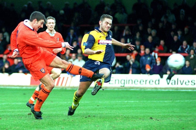 Phil Clarkson slams in Blackpool's goal against Bournemouth in 1998